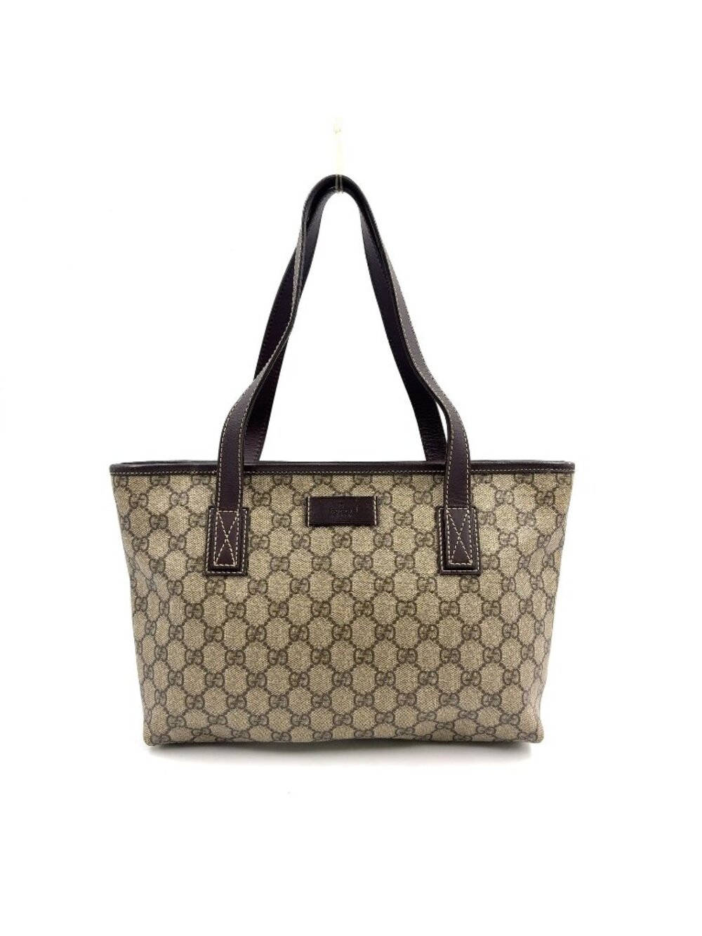 Gucci GG Supreme Leather Canvas Khaki Beige Dark Brown Tote Bag Silver